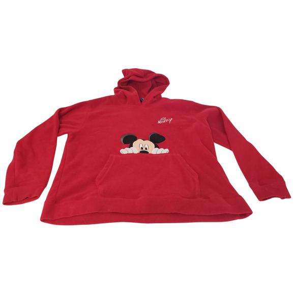Disney Red Mickey Mouse Sweatshirt Mens Large Fleece Hoodie Kangaroo Pocket - Picture 1 of 16